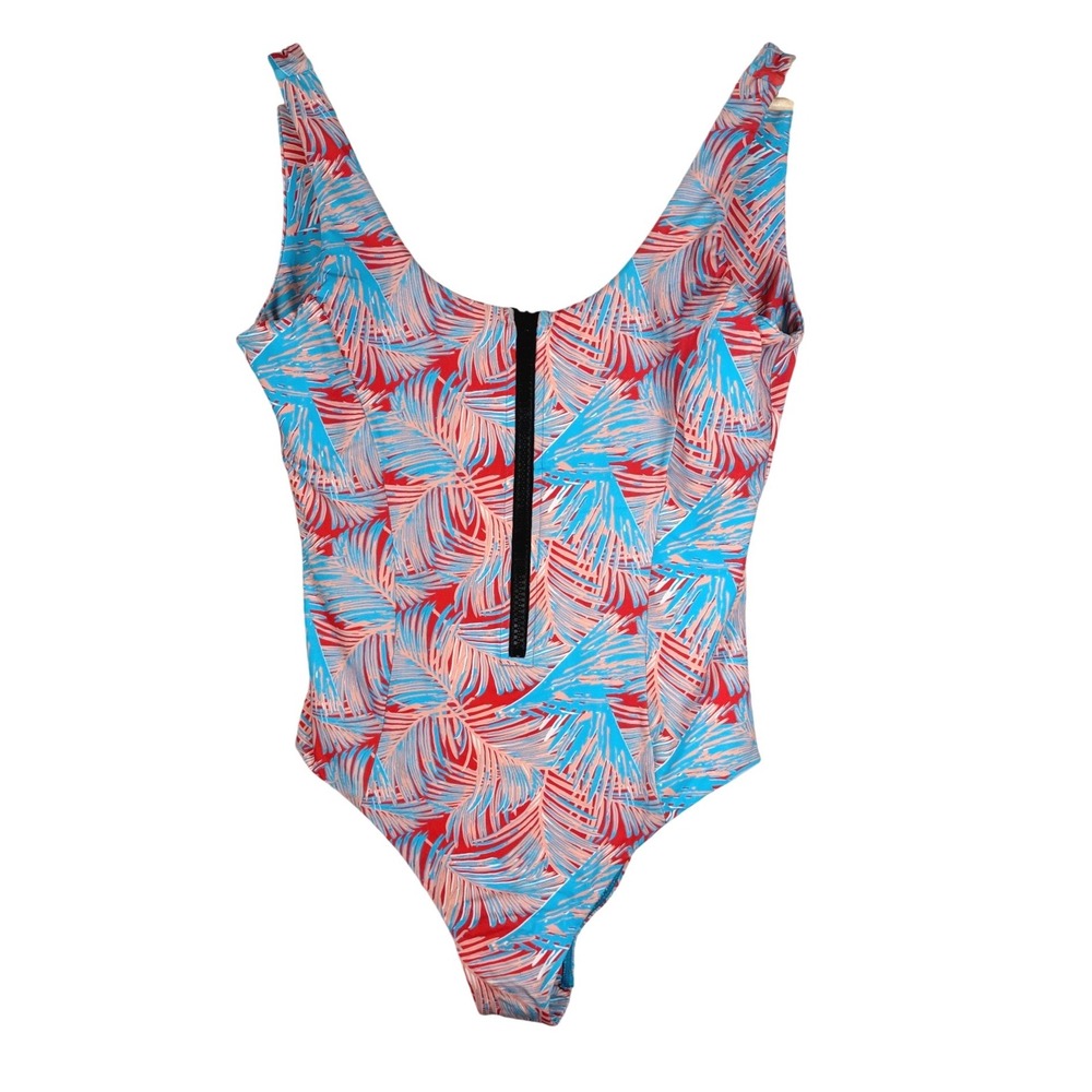 Vetchy Womens Tropical Palm Print Front Zip One Piece Swimsuit Red Blue Large